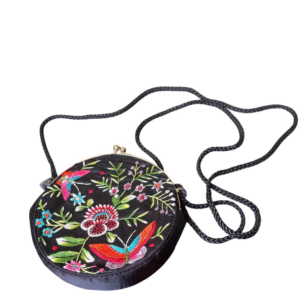 Vintage Butterfly Floral Embroidered Round Kiss Lock Evening Bag Purse